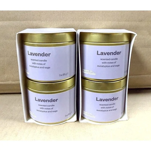 Room Essentials Lavender Scented Candles 4-Pack 3oz Tin Gift Set NEW - Picture 2 of 2